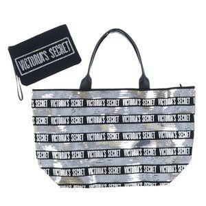 NEW Victoria’s Secret Black & Silver Sequin Bling Tote Bag & Wristlet